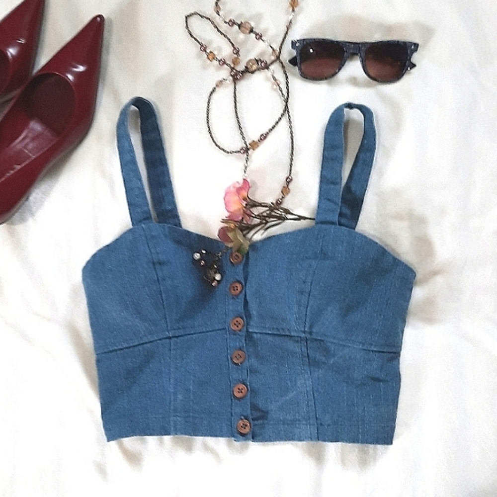 SMITH Denim Blue Button-Up Shirred Back Crop Top